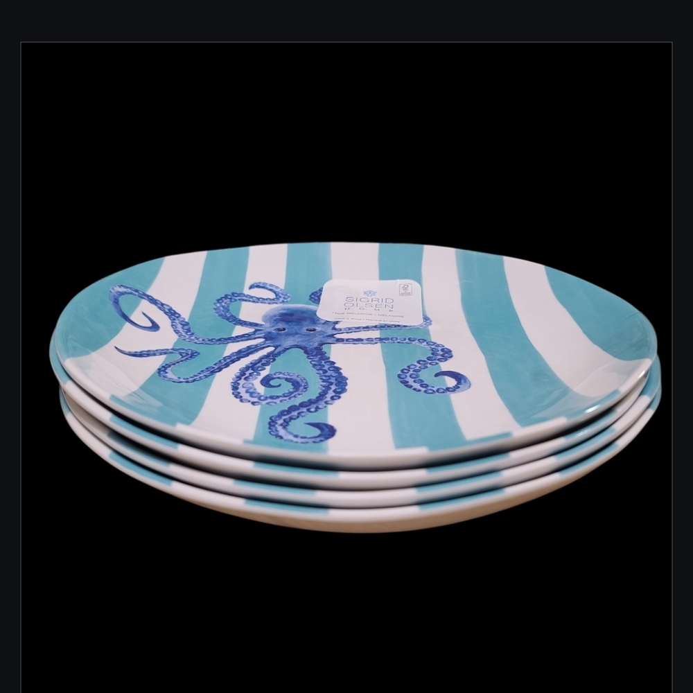 8pc Sigrid Olsen Blue Octopus Cabana Stripe Melamine Dinner Plate & Bowl Set New - Picture 6 of 10